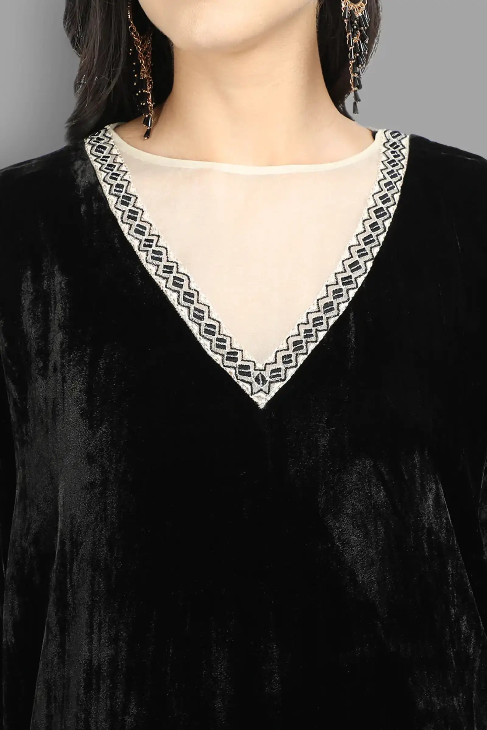 Velvet kurta with organza at neck with embroidery on sleeves and neck