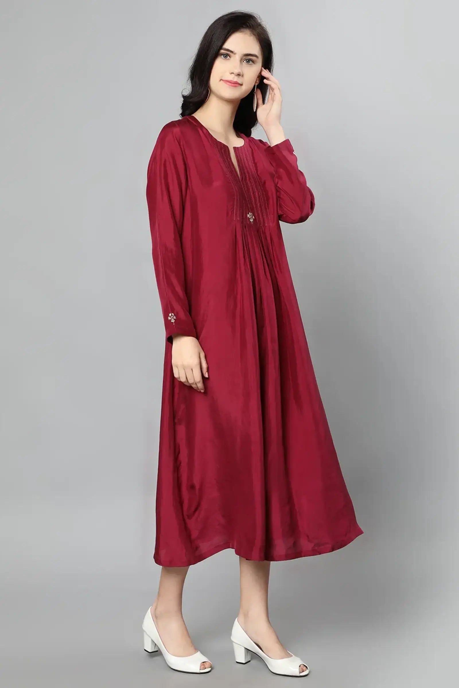 100%Cupro Silk Textured wine Dress with Floral embroidery on yoke and sleeves
