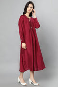 100%Cupro Silk Textured wine Dress with Floral embroidery on yoke and sleeves