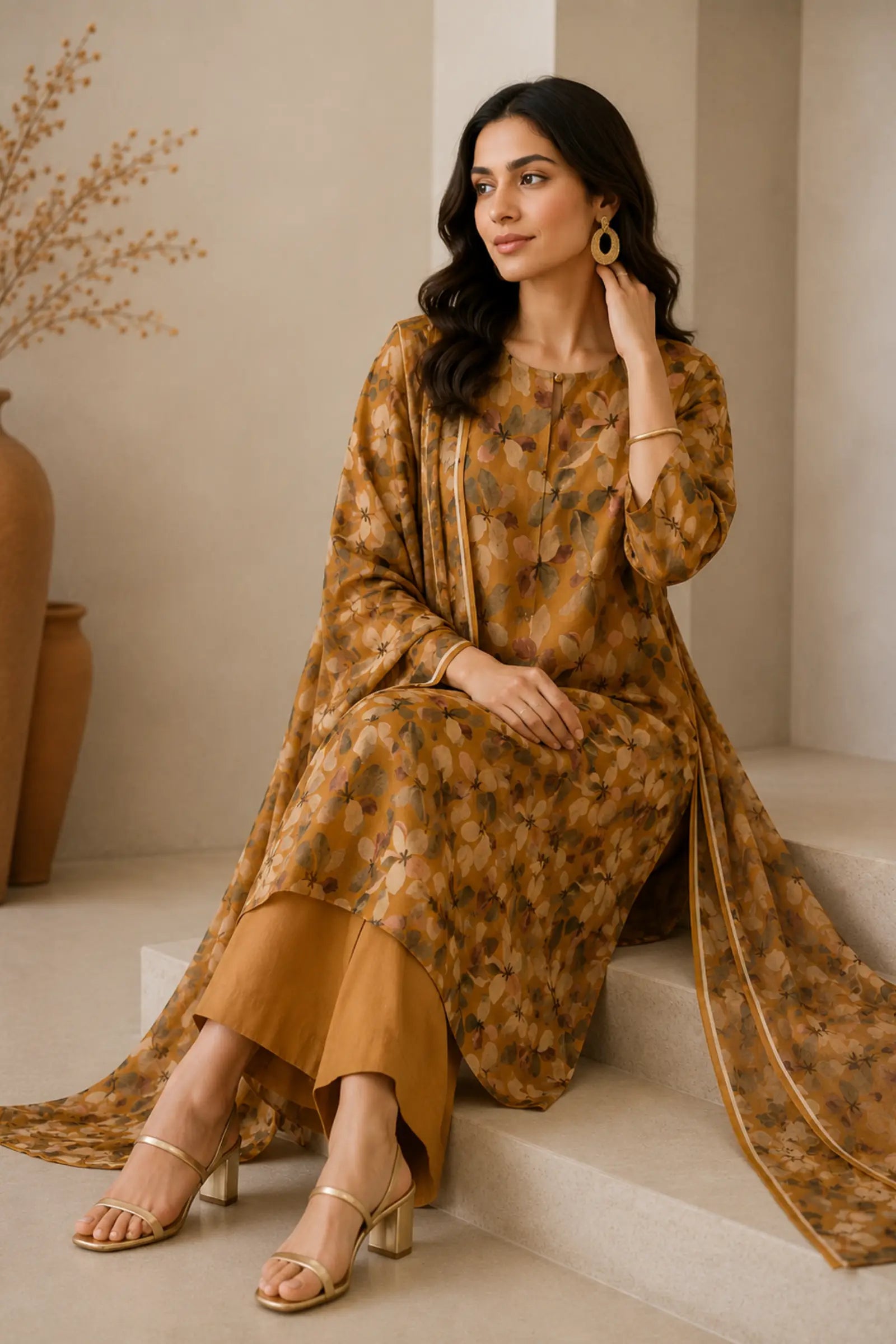 Anuja Cotton Mustard Floral Print Complete Suit Set