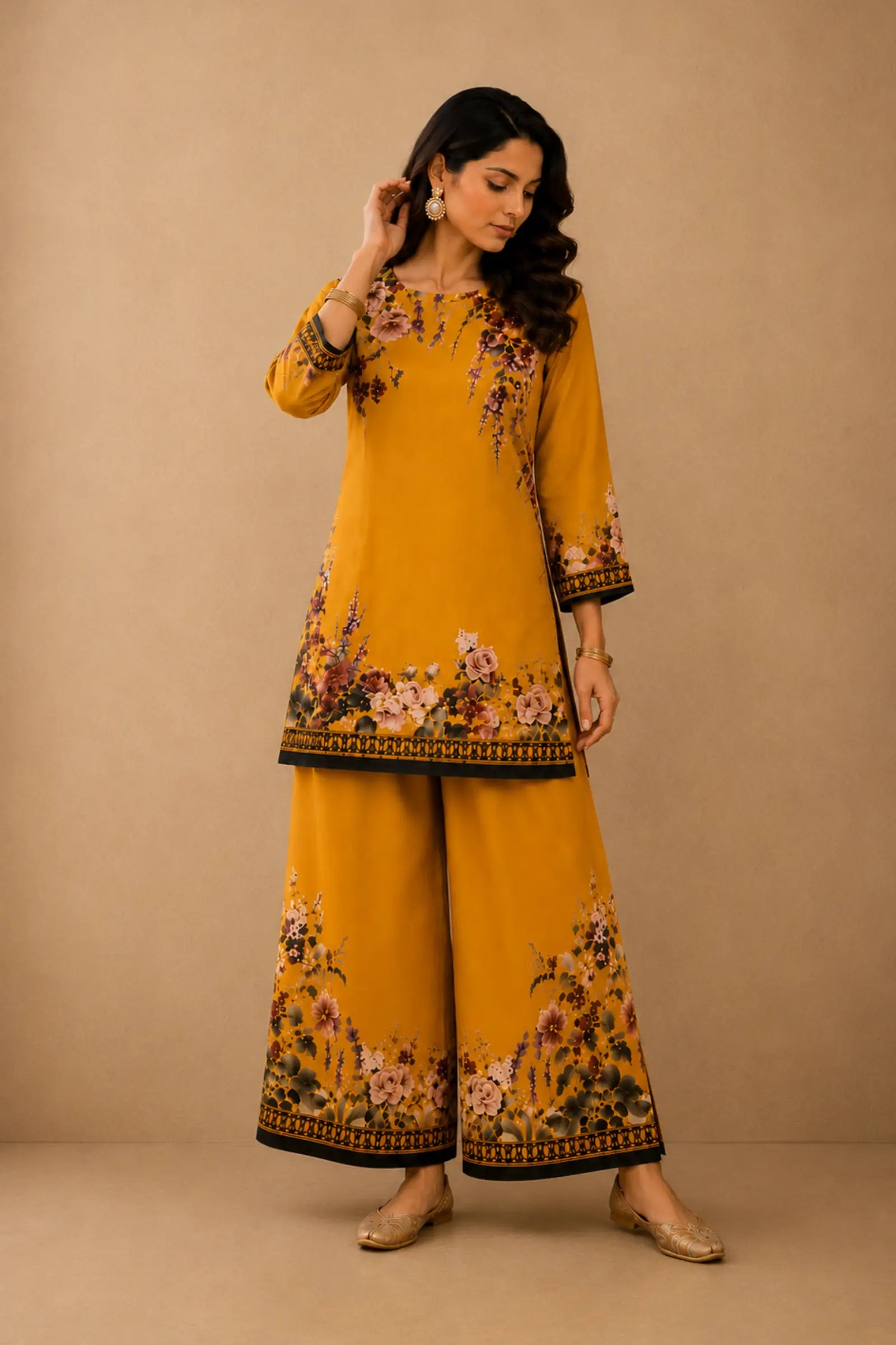 Navridhi Mustard Flower Print Co-Ord Set