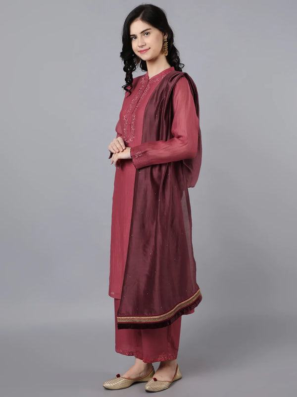 Chanderi kurta in brick red paired with farshi pants