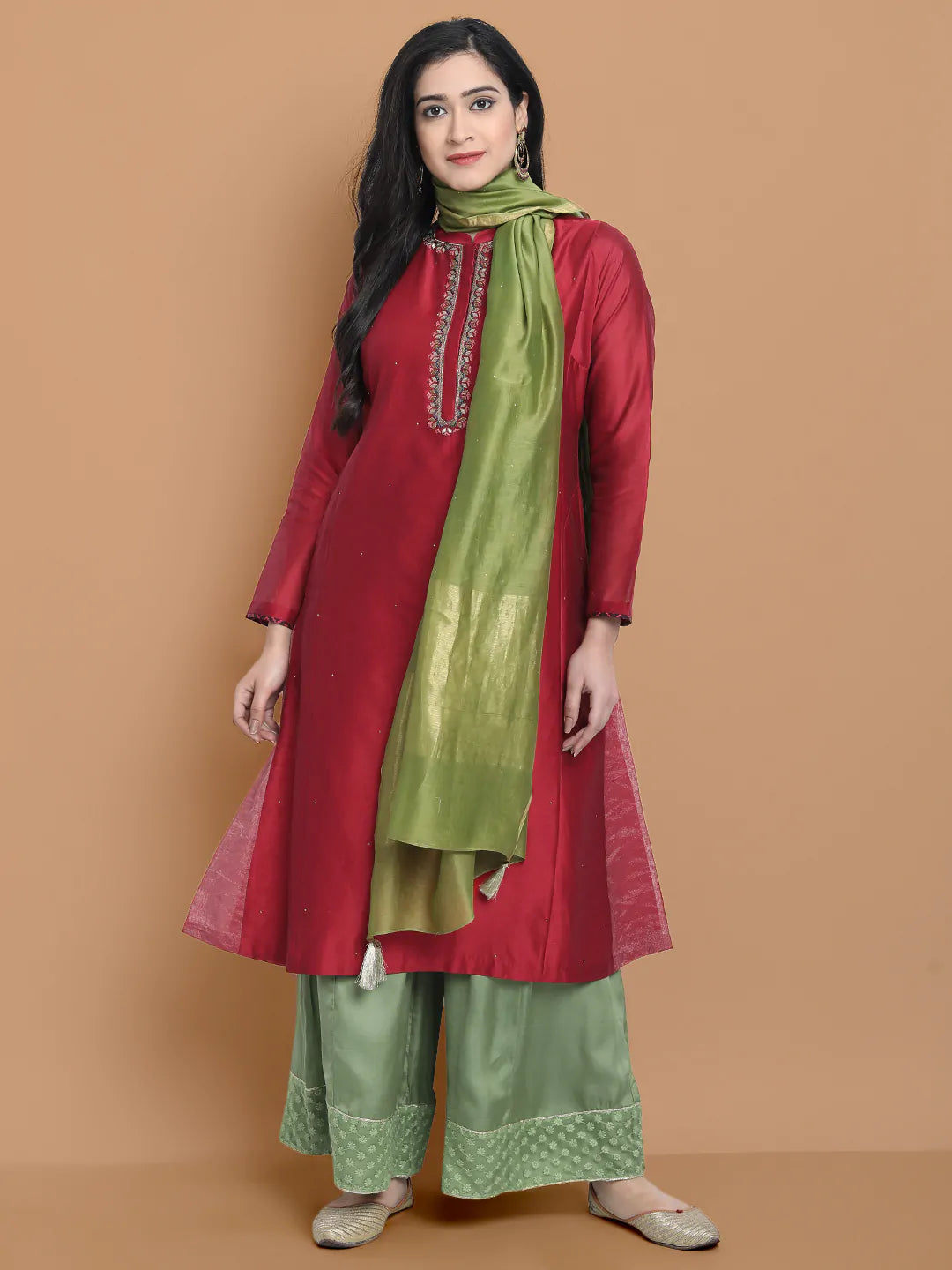 Hand embroidered silk chanderi kurta made on two tone chanderi , paired with modal satin wide farshi , highligted with hakoba lace