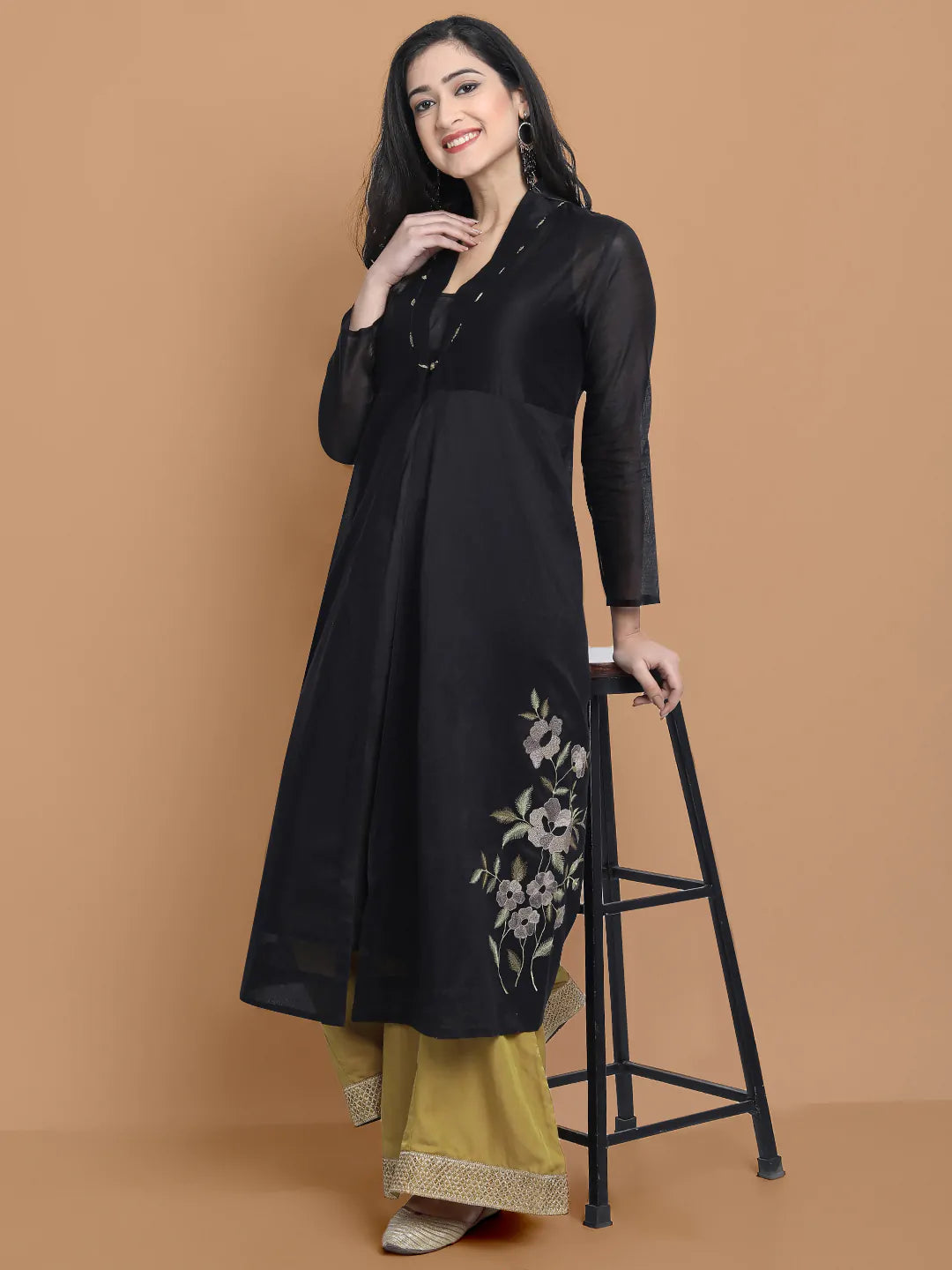 Hand and Machine embroidered front open kurta made on silk chanderi , paired with inner kurta and wide farshi in modal satin