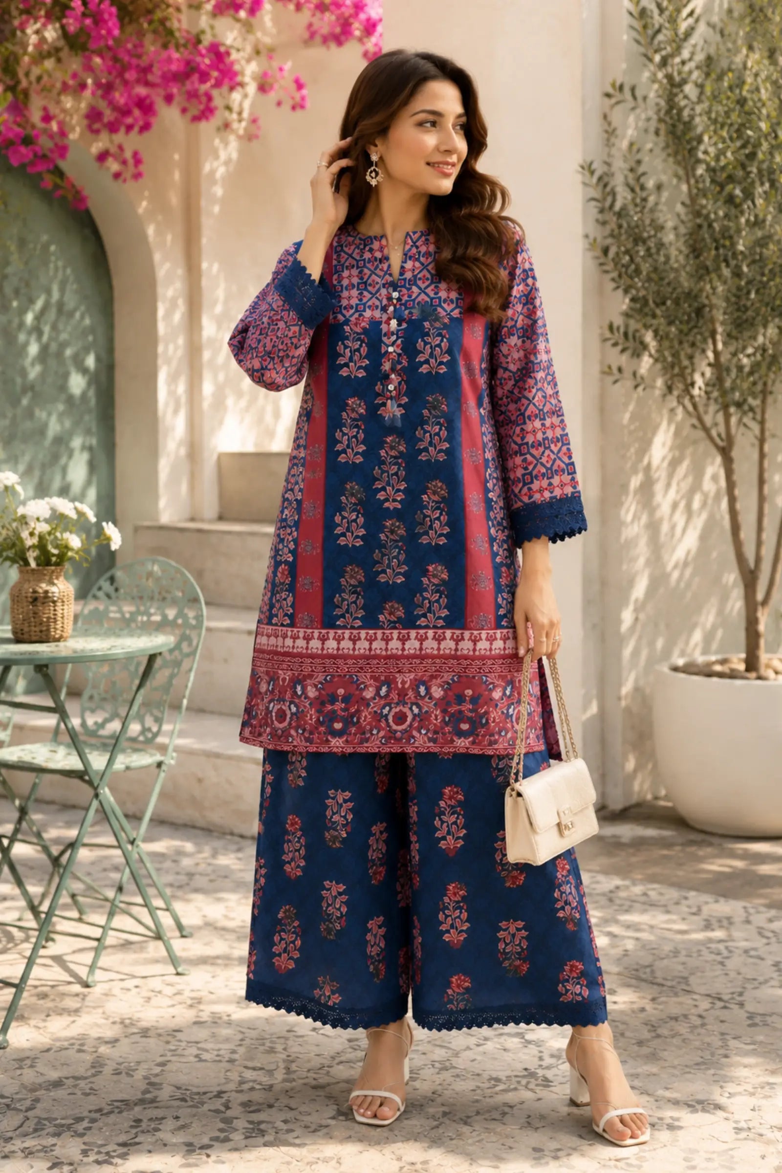 Nyla Cotton navy blue and rose pink ethnic floral print Co-ord Set