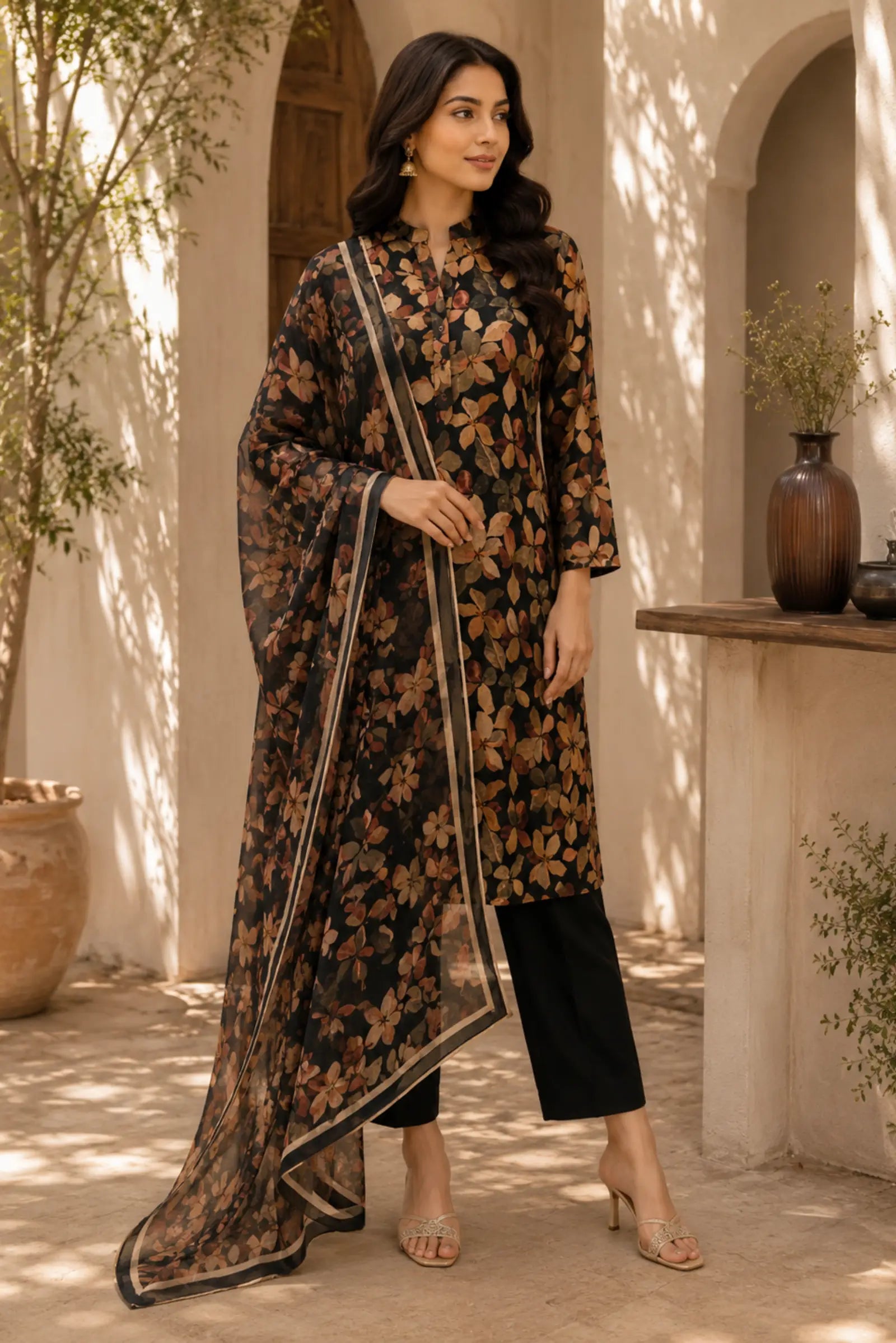 Harshi Cotton Black Floral Print Complete Suit Set