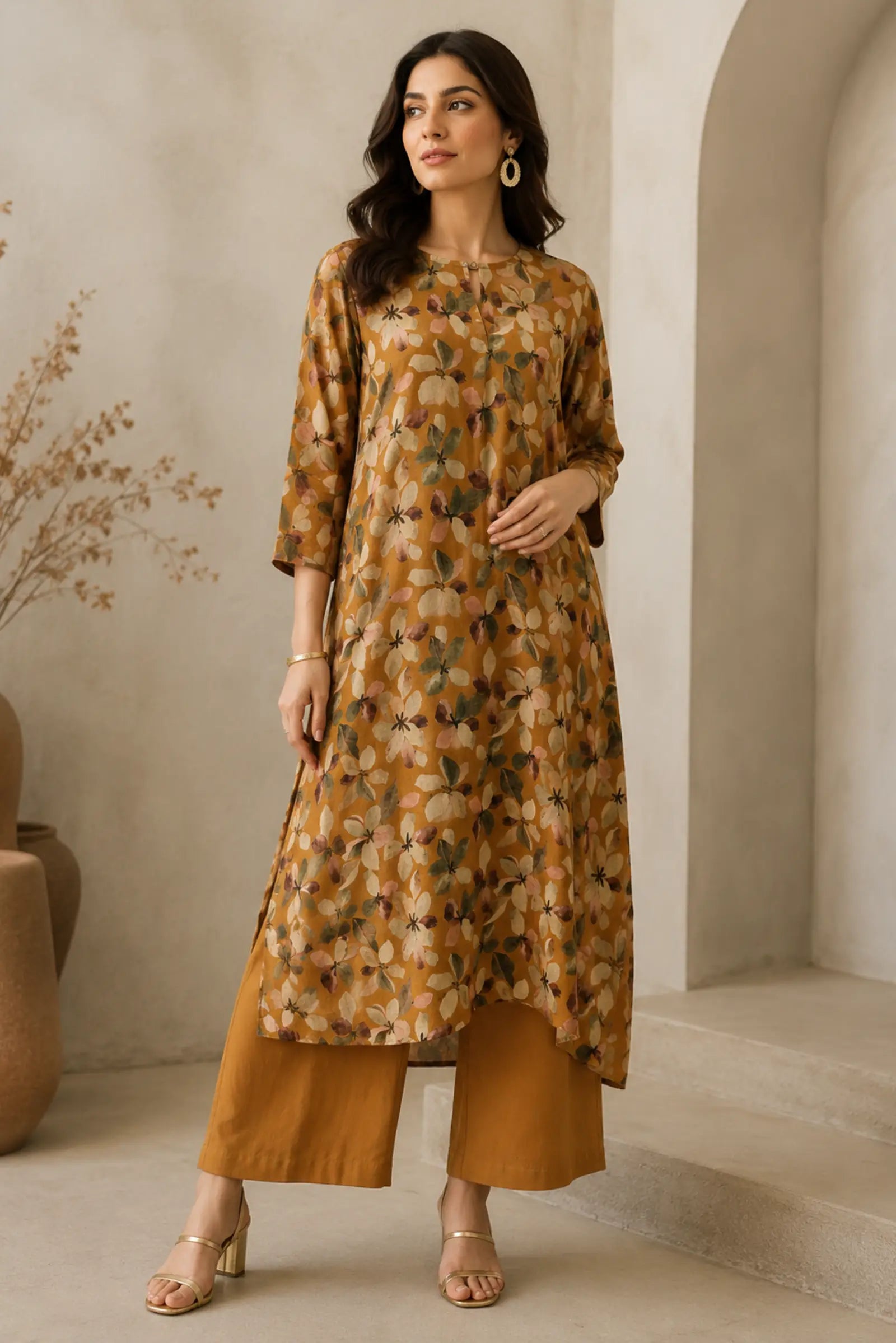 Anuja Cotton Mustard Floral Print Complete Suit Set