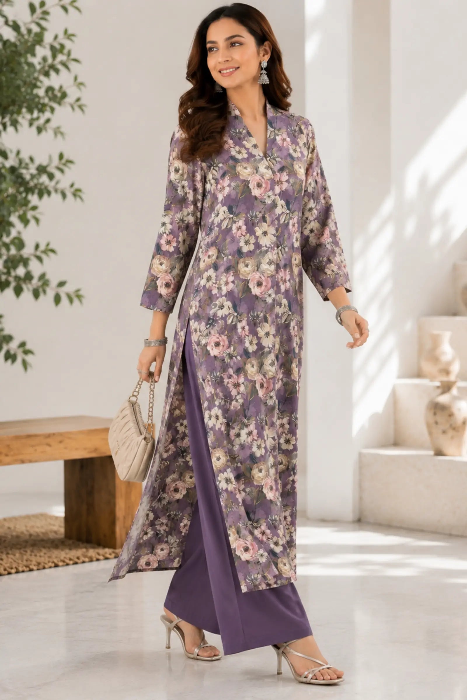 Darika Cotton Lavender Floral Print Kurta Set