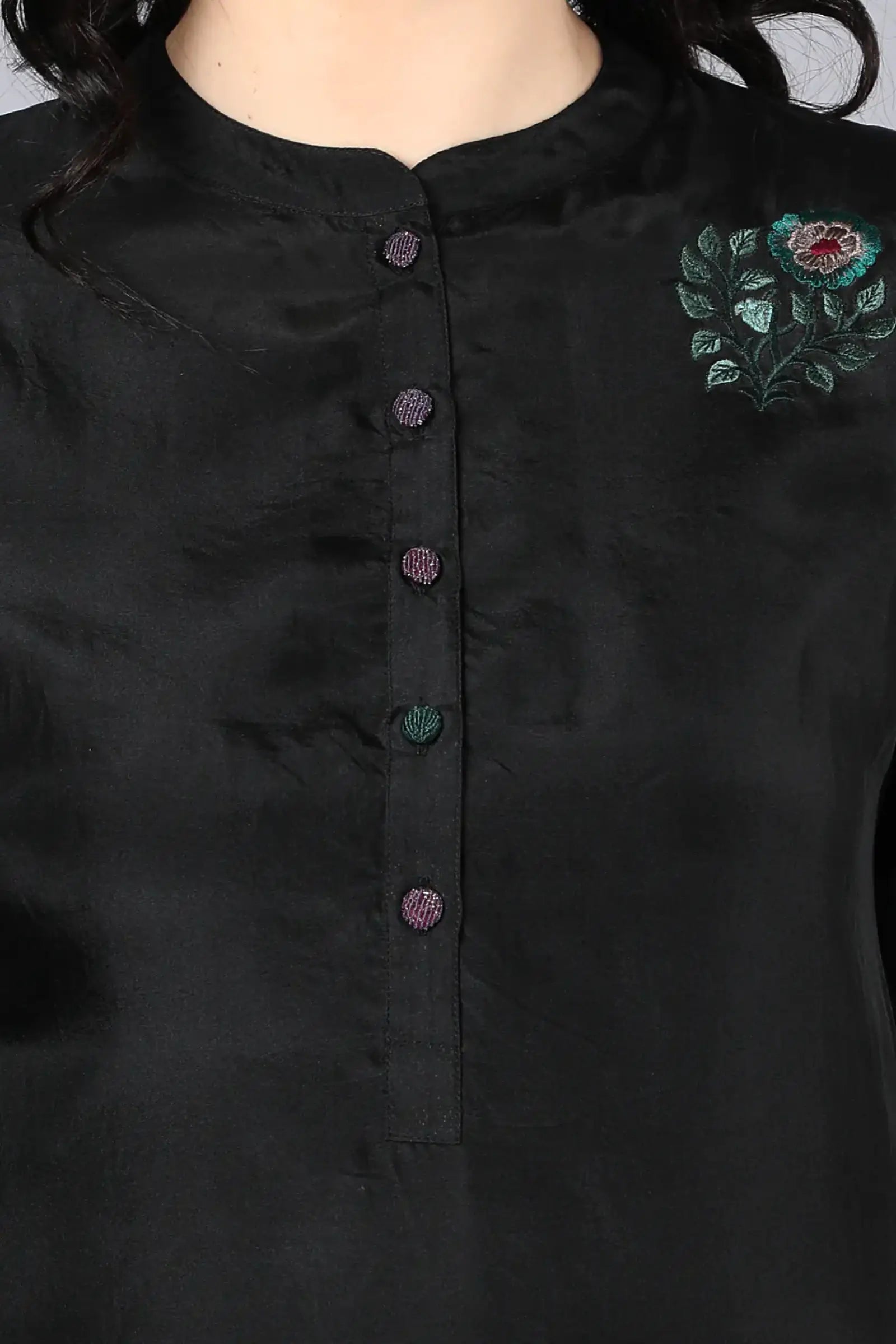 Chanderi kurta black with hand embroidery on yoke paired with black trouser