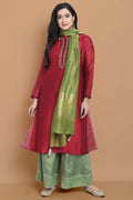 Hand embroidered silk chanderi kurta made on two tone chanderi , paired with modal satin wide farshi , highligted with hakoba lace
