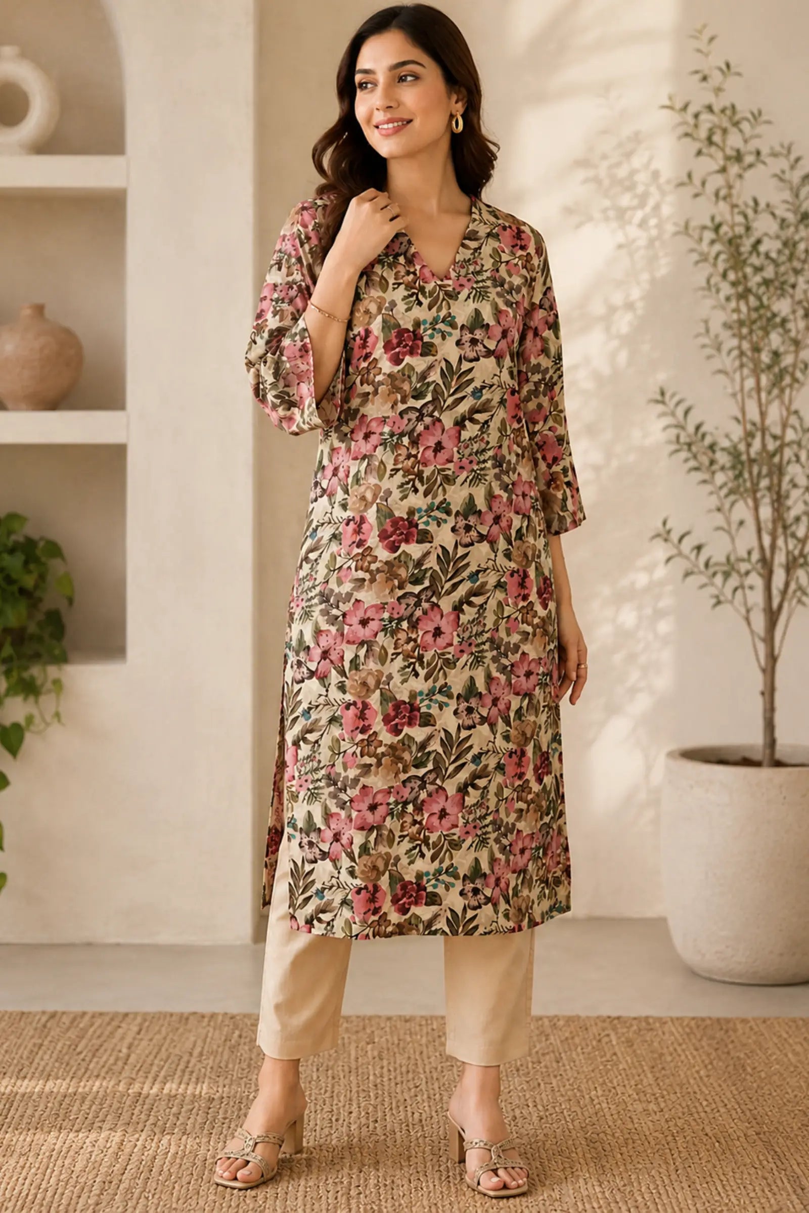 Ibhya Cotton Pink Floral Print Complete Suit Set