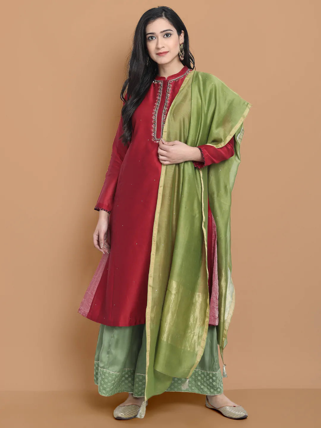Hand embroidered silk chanderi kurta made on two tone chanderi , paired with modal satin wide farshi , highligted with hakoba lace