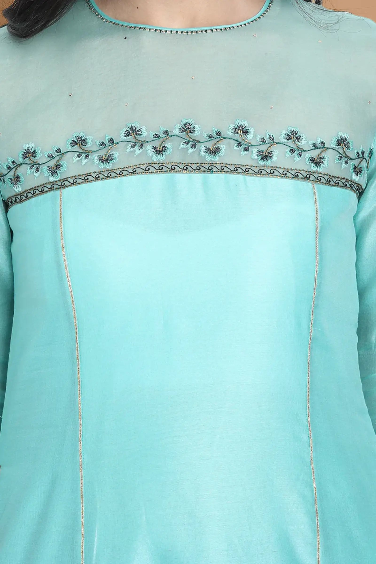 Pastel blue high low kurta with hand and machine embroidery , paired with embroidered wide farshi