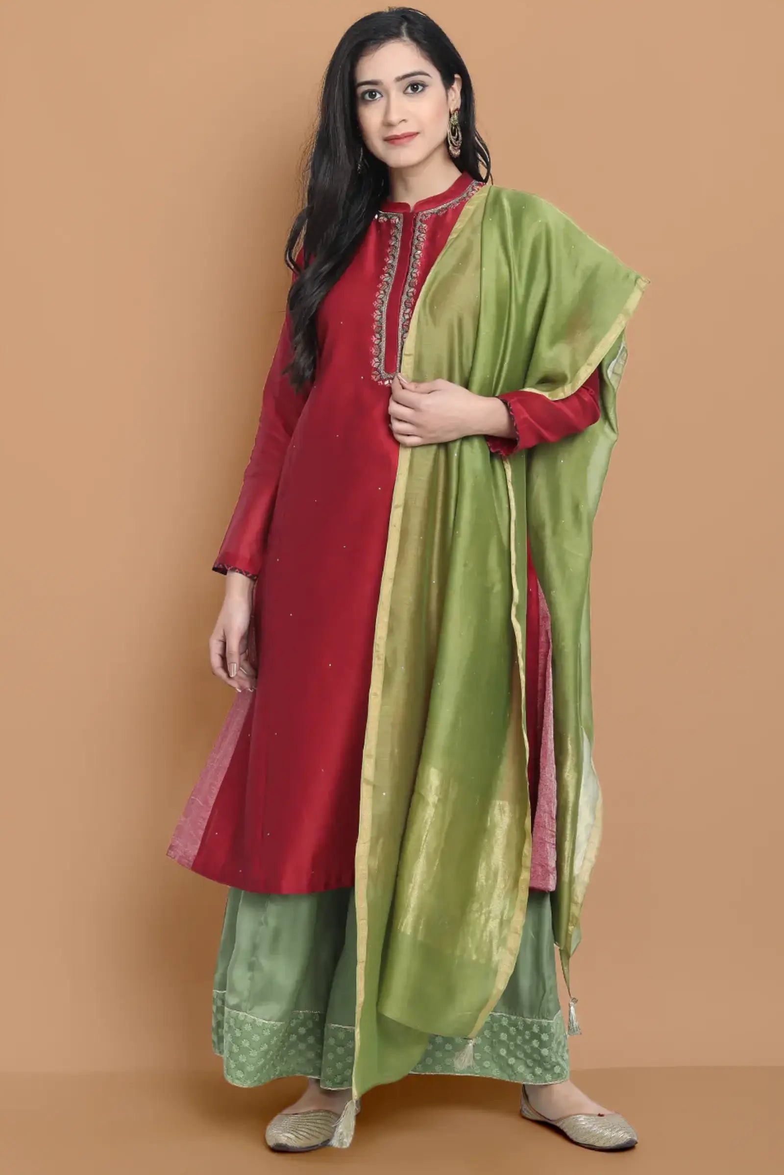 Hand embroidered silk chanderi kurta made on two tone chanderi , paired with modal satin wide farshi , highligted with hakoba lace