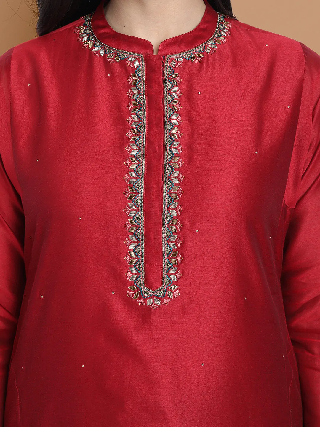 Hand embroidered silk chanderi kurta made on two tone chanderi , paired with modal satin wide farshi , highligted with hakoba lace