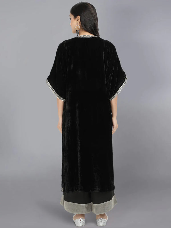 velvet kurta with organza at neck with embroidery on sleeves and neck