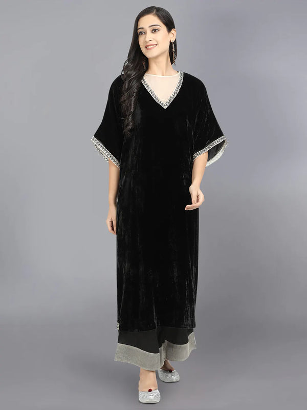 velvet kurta with organza at neck with embroidery on sleeves and neck