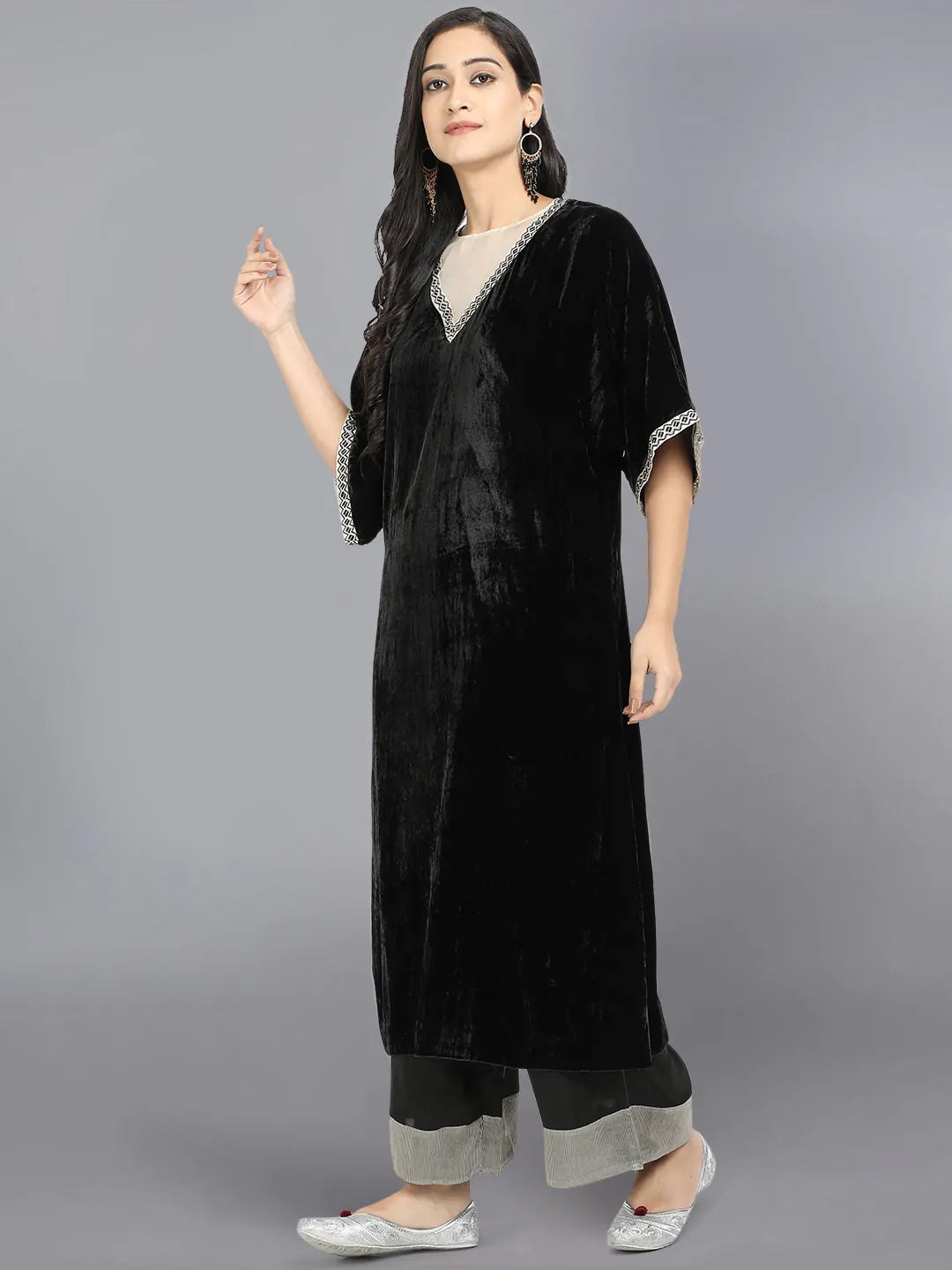 velvet kurta with organza at neck with embroidery on sleeves and neck