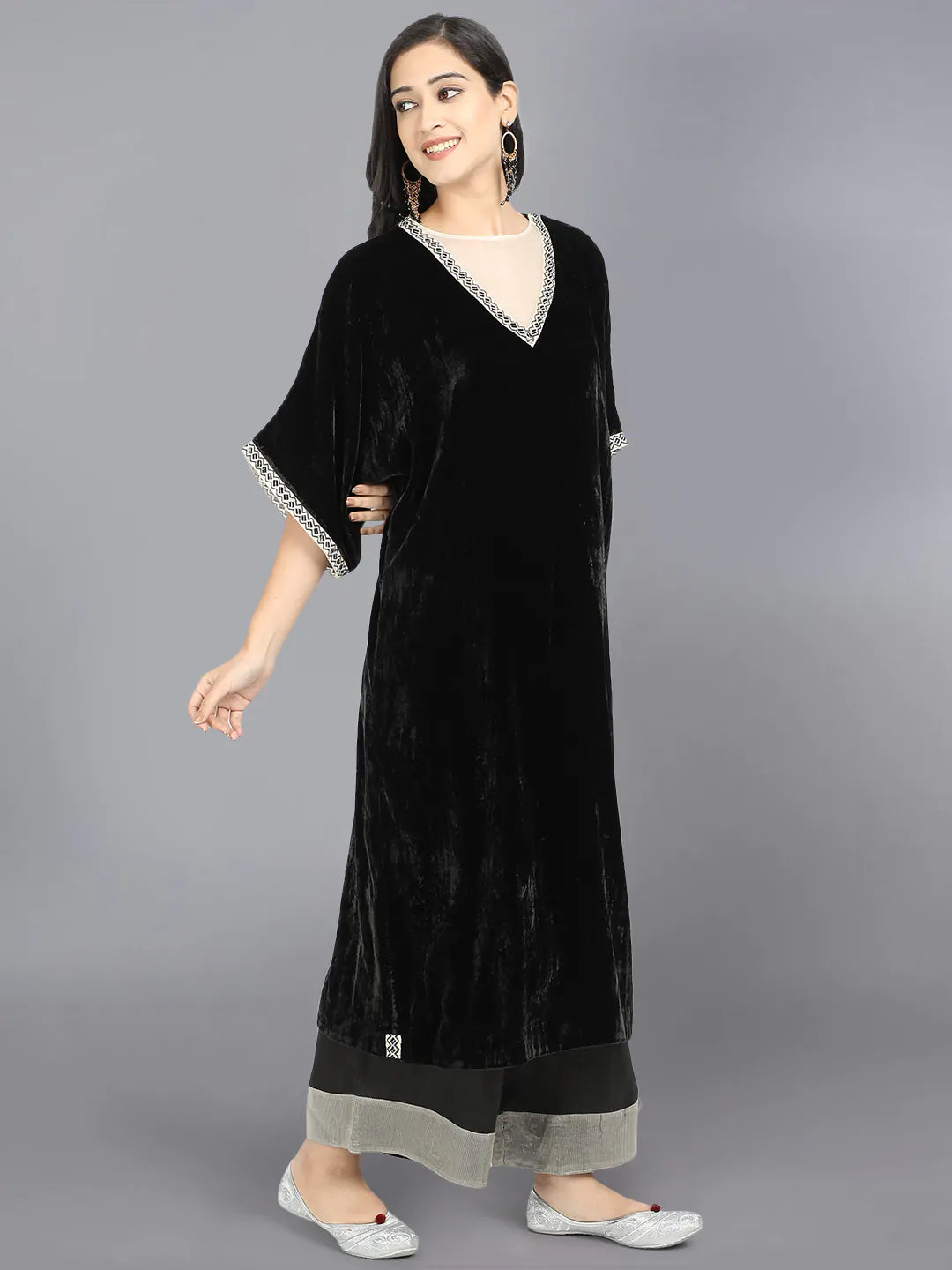 velvet kurta with organza at neck with embroidery on sleeves and neck