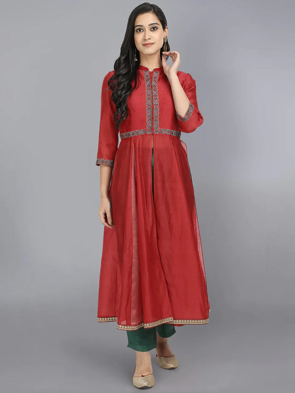 Red Embroidered jacket Kurta