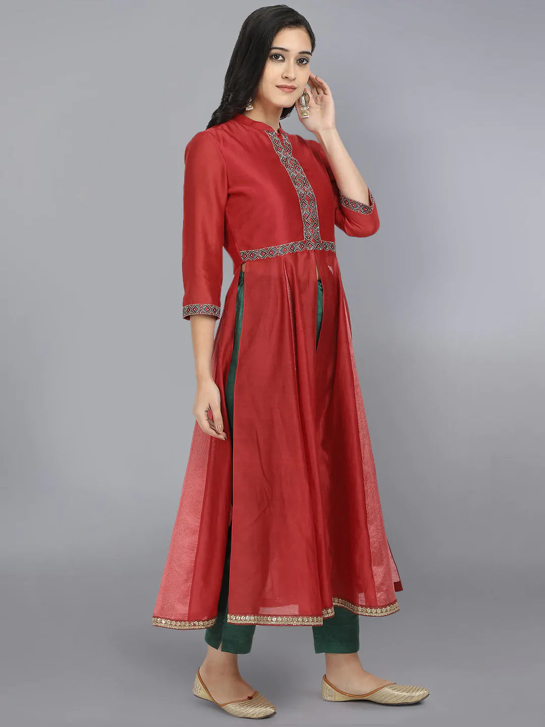 Red Embroidered jacket Kurta