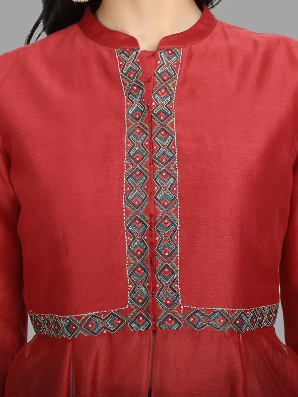 Red Embroidered jacket Kurta