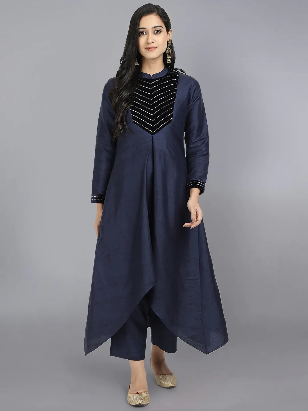 Embroidered Blue Cupro Silk Kurta