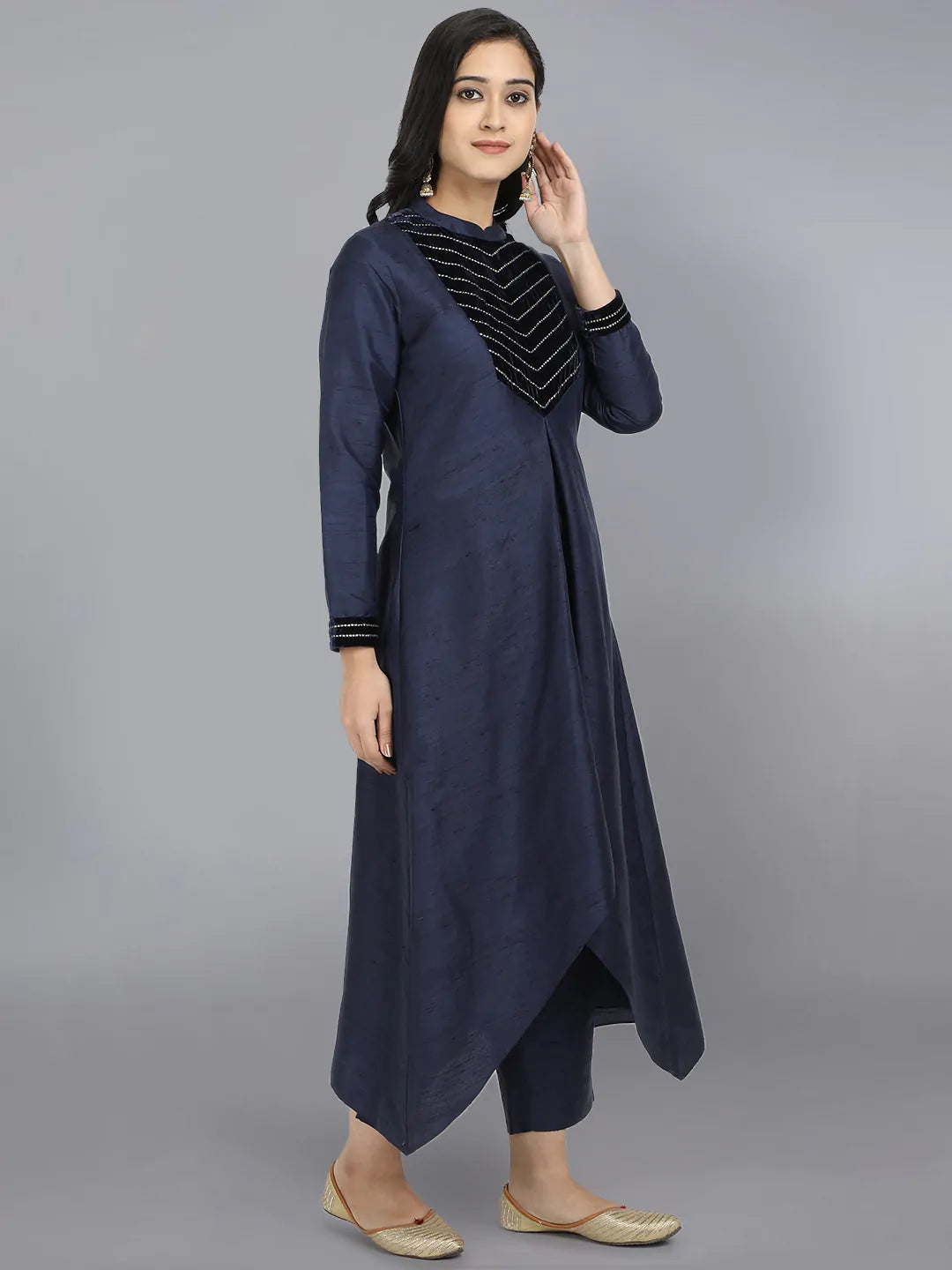 Embroidered Blue Cupro Silk Kurta