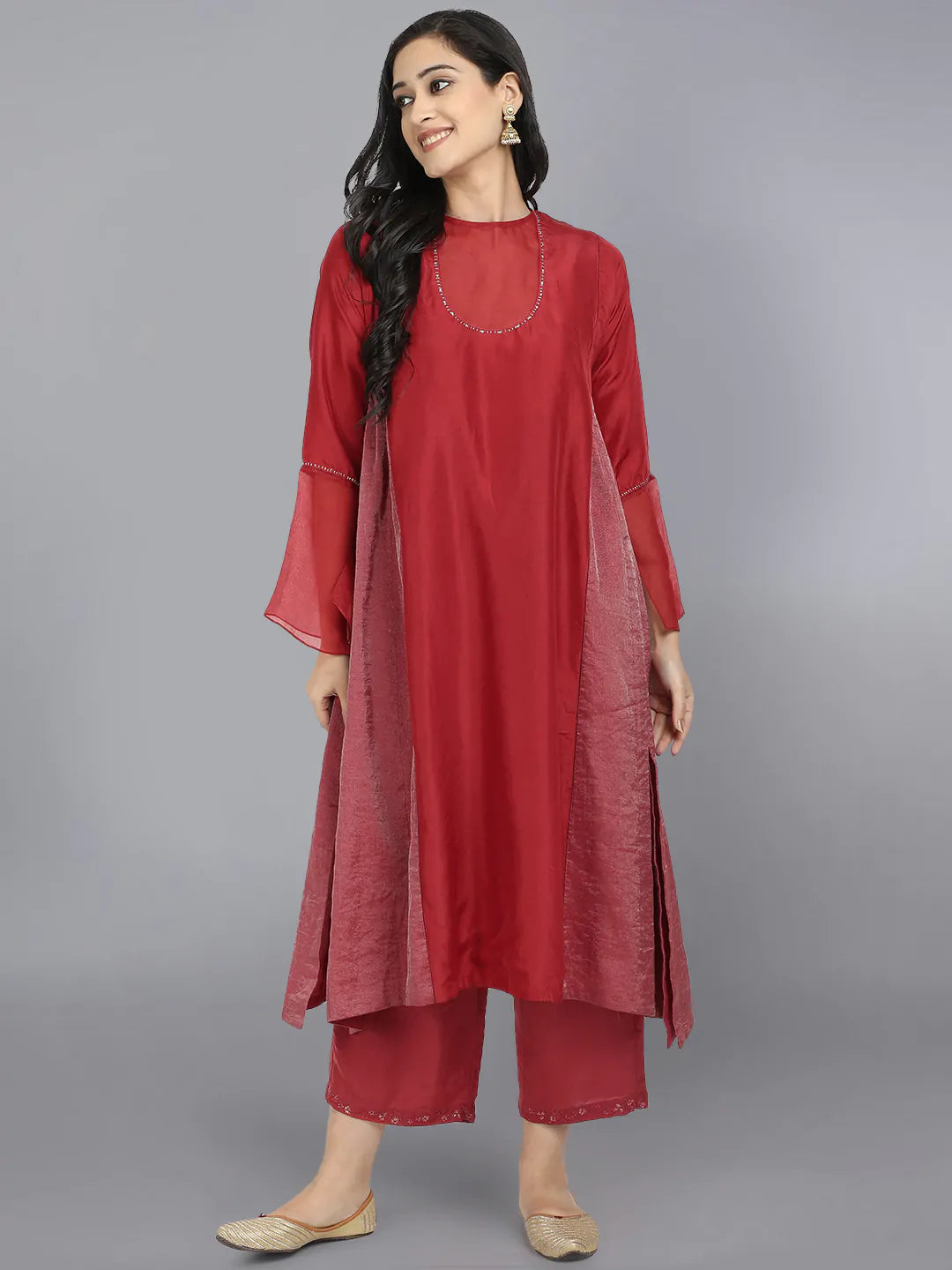 Red Pure Cupro silk Kurta accentuated with Kantha and Swaroski at the Neck Round