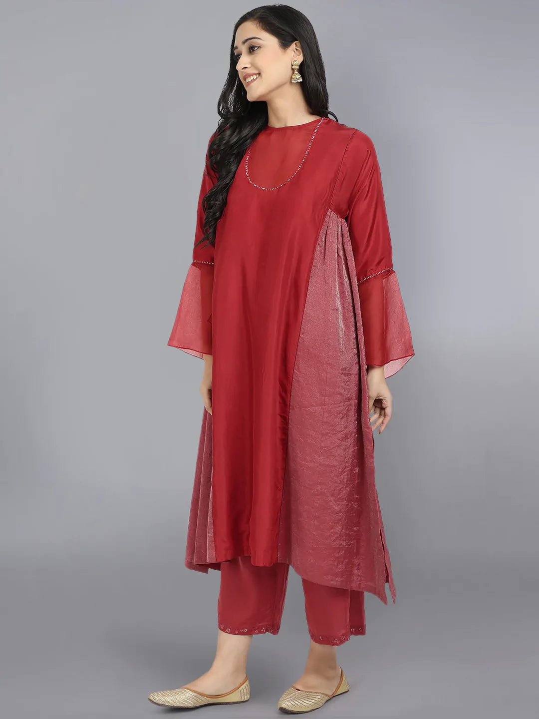 Red Pure Cupro silk Kurta accentuated with Kantha and Swaroski at the Neck Round