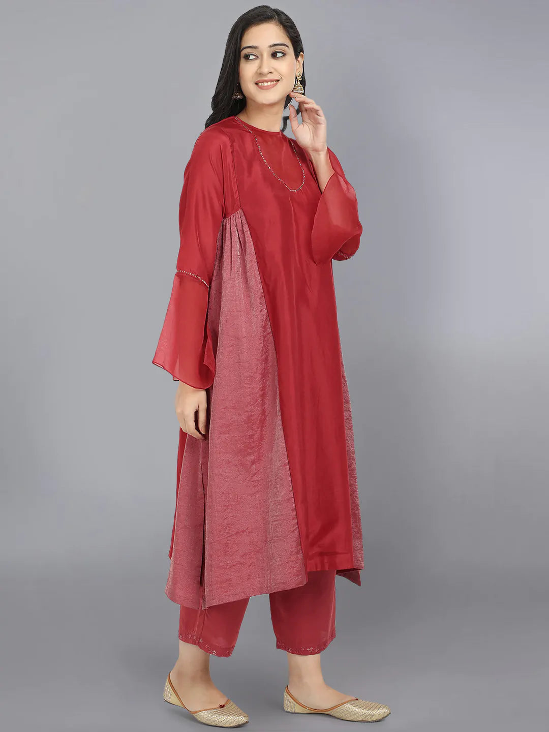 Red Pure Cupro silk Kurta accentuated with Kantha and Swaroski at the Neck Round