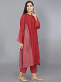 Red Pure Cupro silk Kurta accentuated with Kantha and Swaroski at the Neck Round