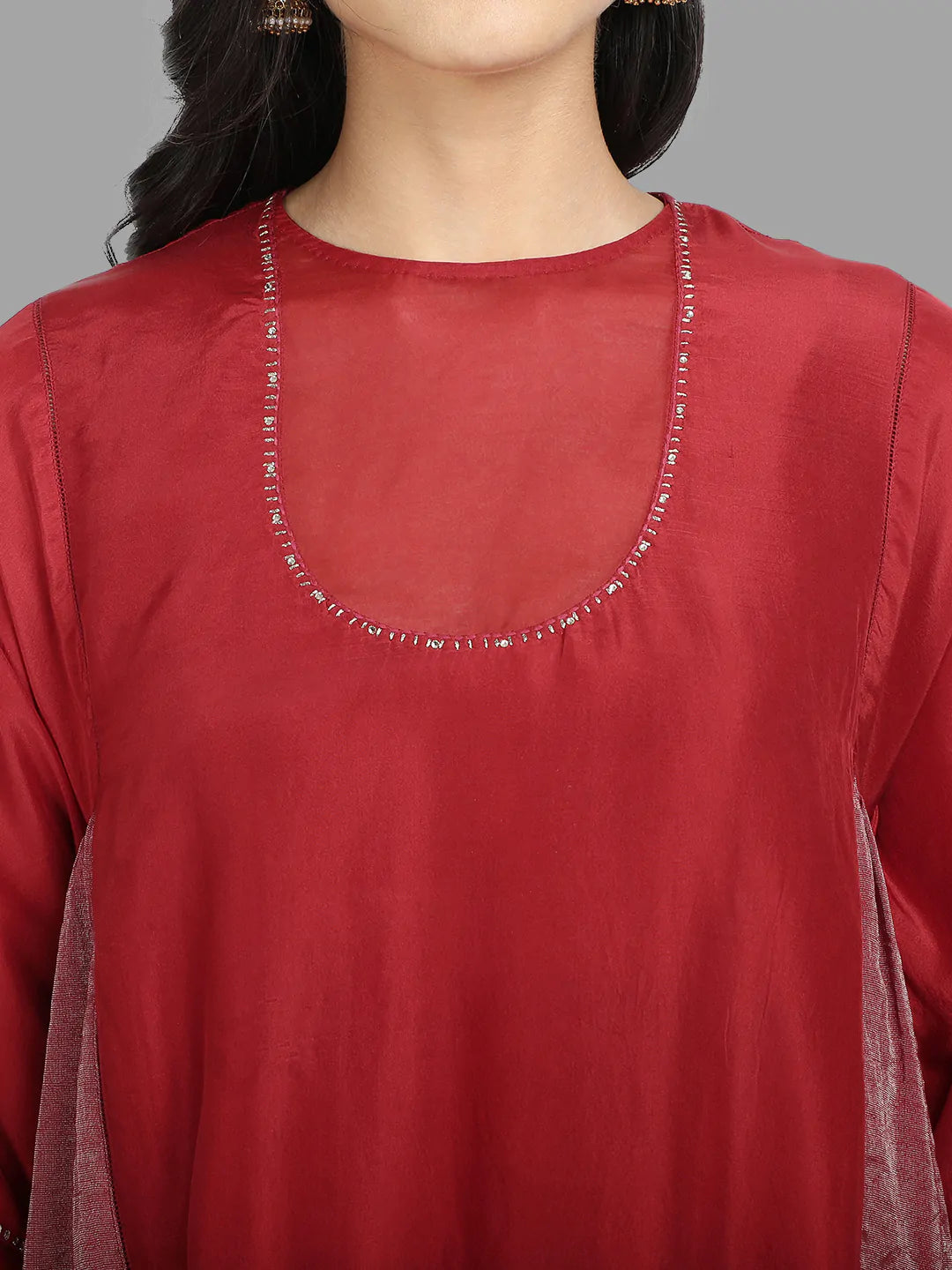 Red Pure Cupro silk Kurta accentuated with Kantha and Swaroski at the Neck Round