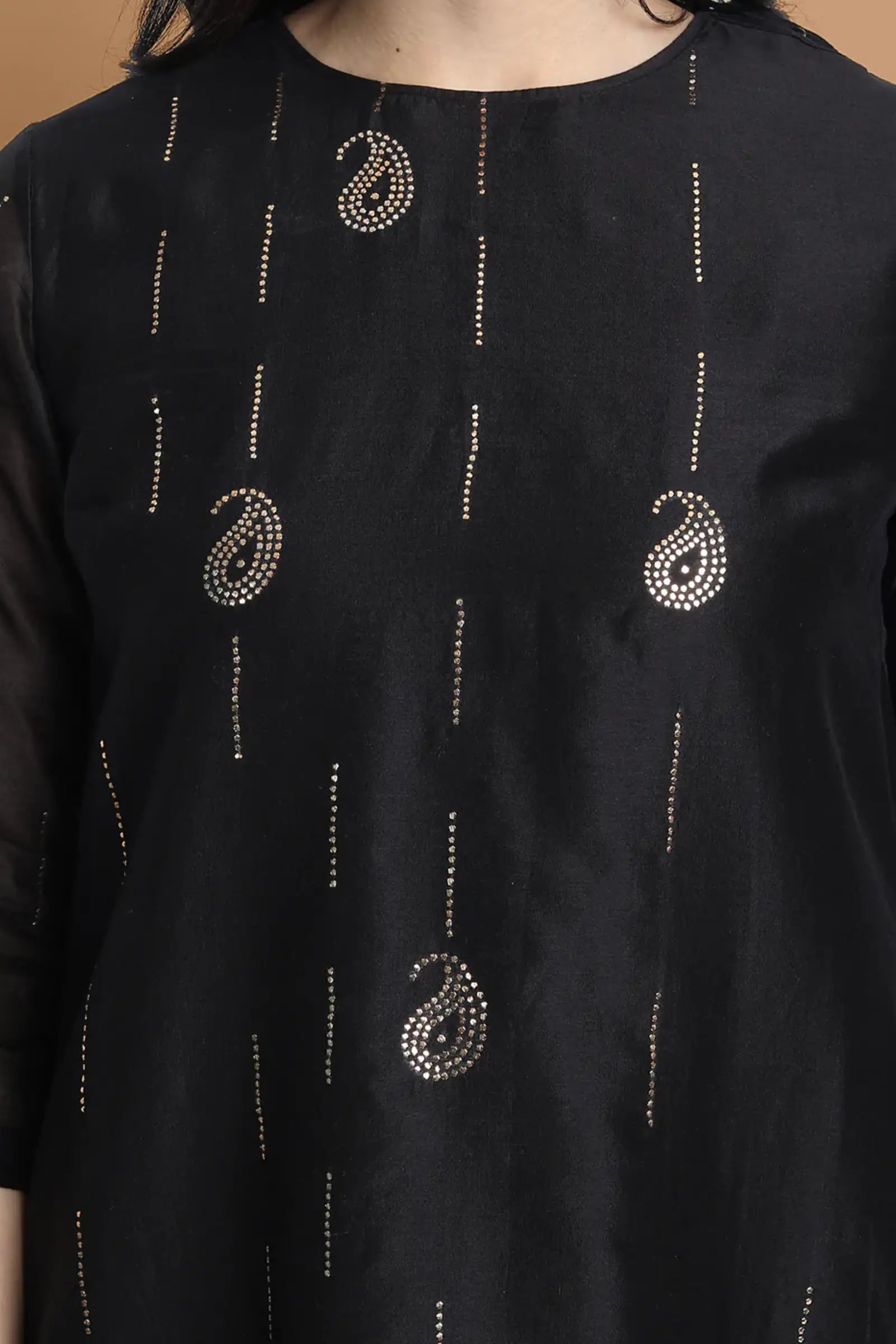 Yarn dyed cupro silk chanderi kurta highligted with mukaish hand work all over , paired with cotton trouser and zari chanderi net dupatta