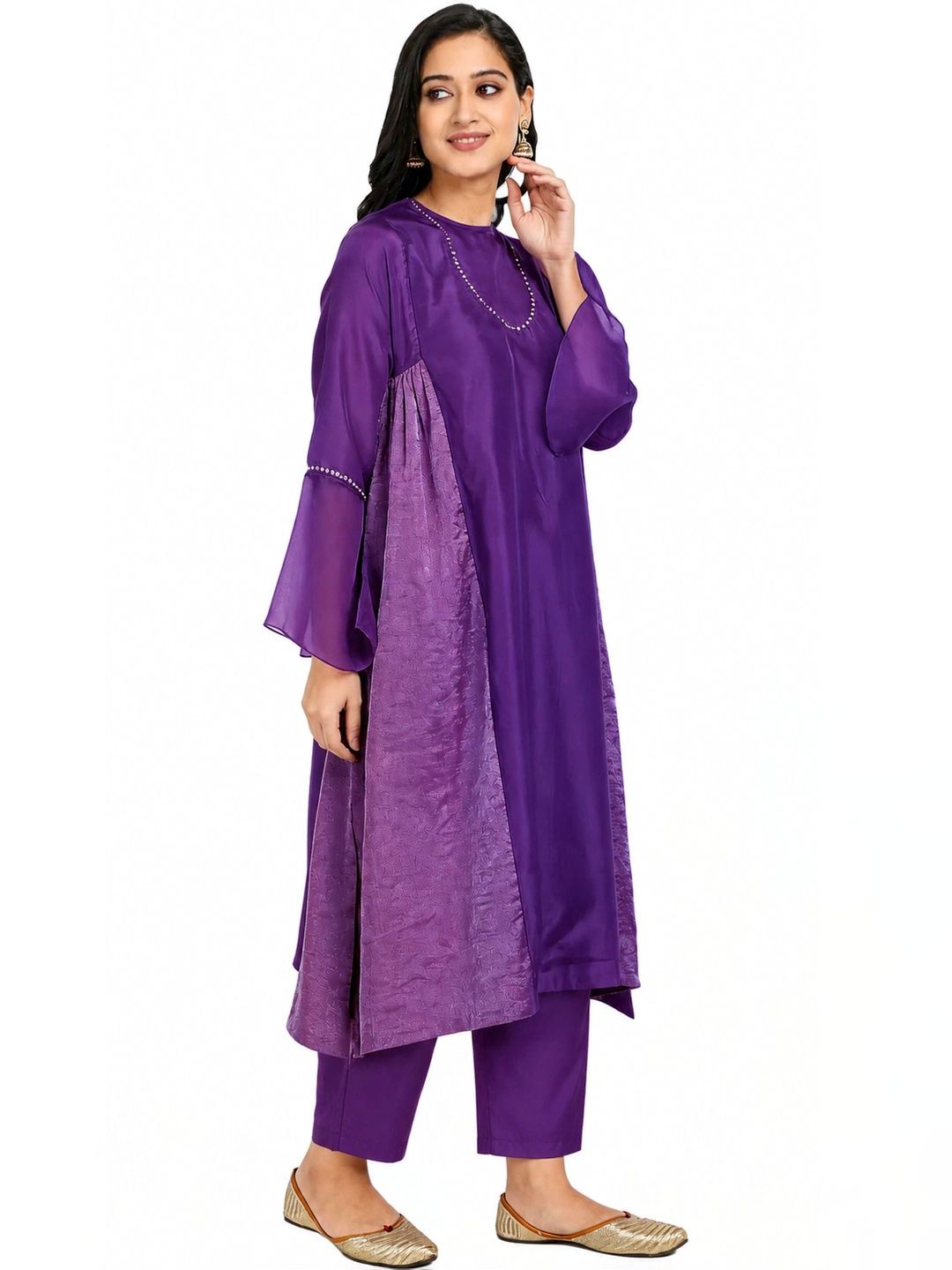 Red Pure Cupro silk Kurta accentuated with Kantha and Swaroski at the Neck Round
