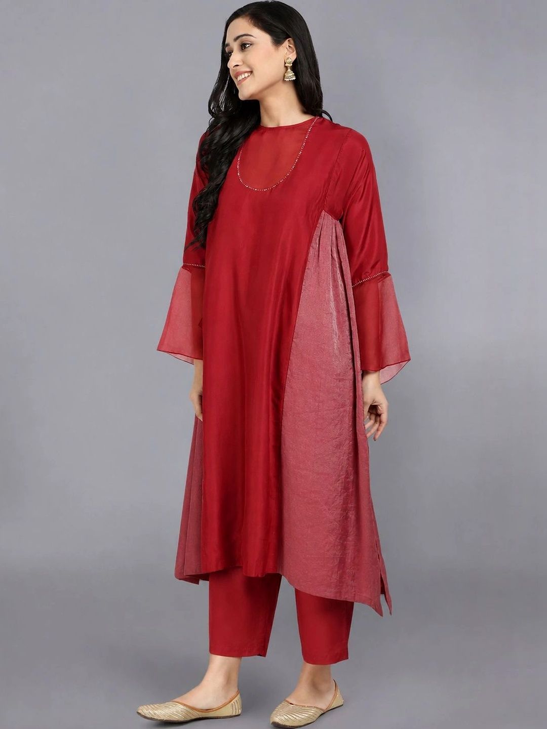 Red Pure Cupro silk Kurta accentuated with Kantha and Swaroski at the Neck Round