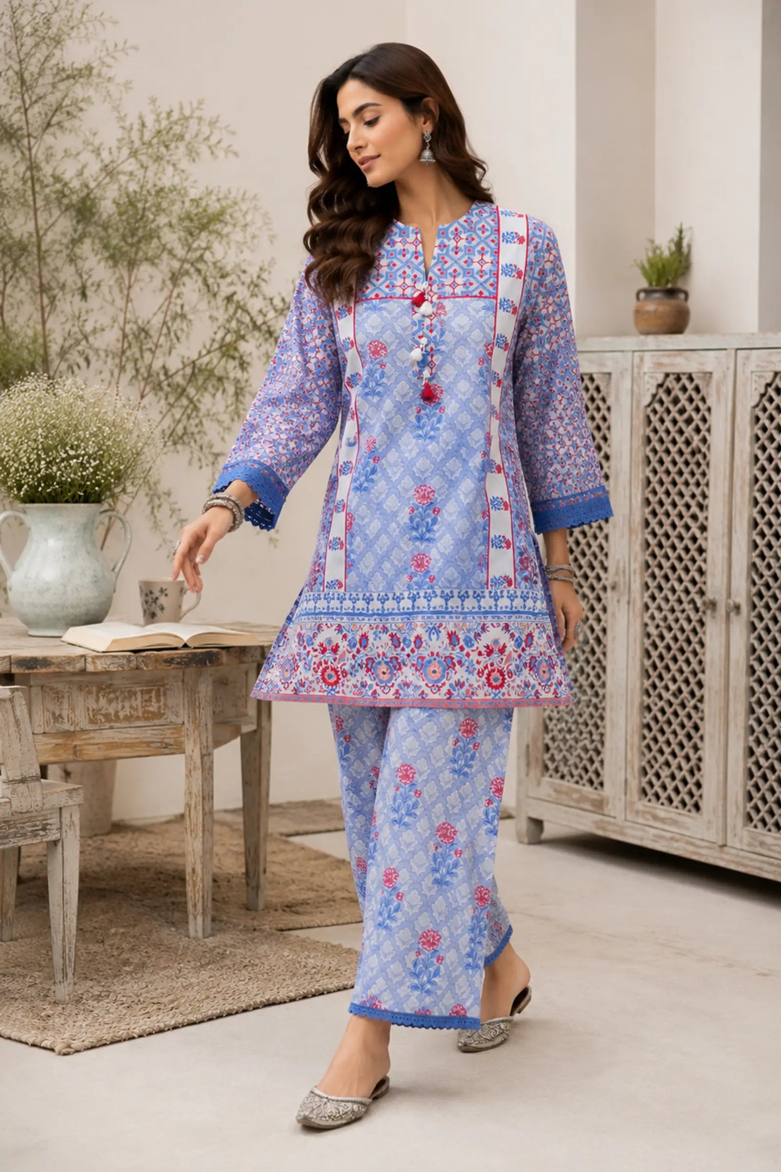 Dhriti Cotton Ethnic Floral Trellis Print Co-ord Set