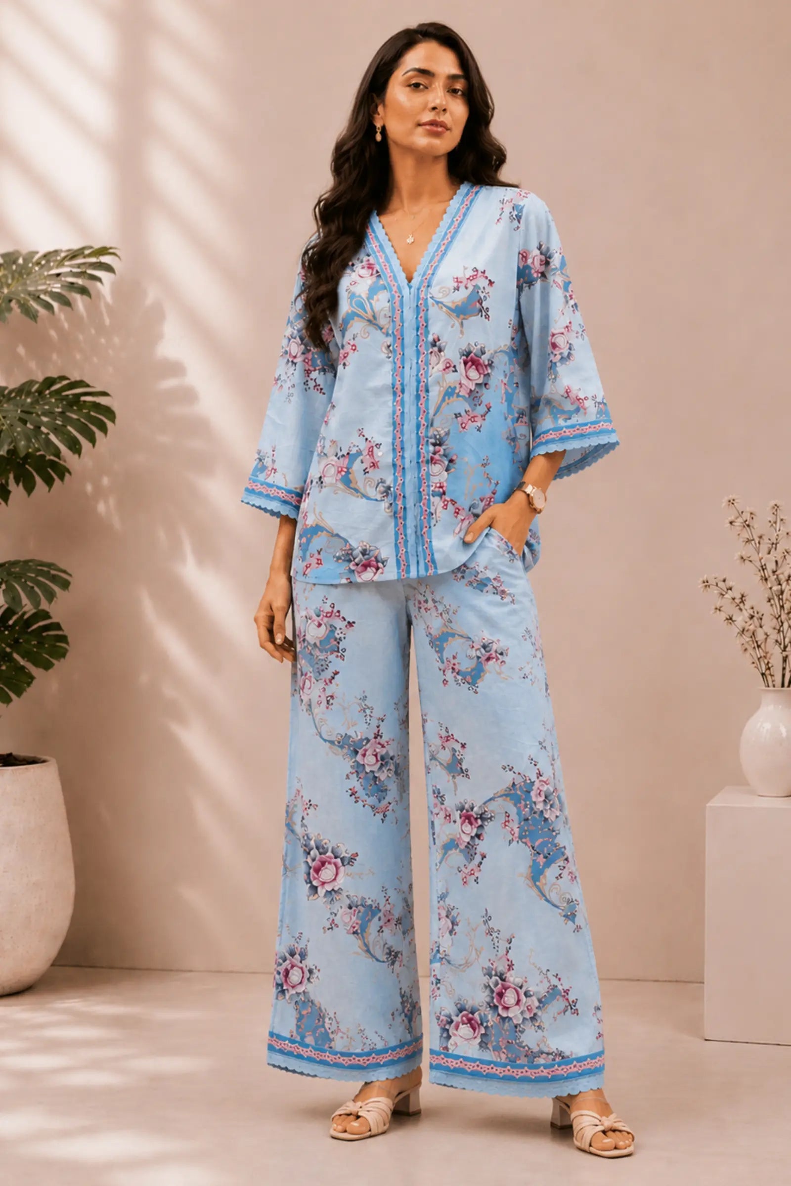 Iravika Sky Bloom Cotton Co-Ord Set