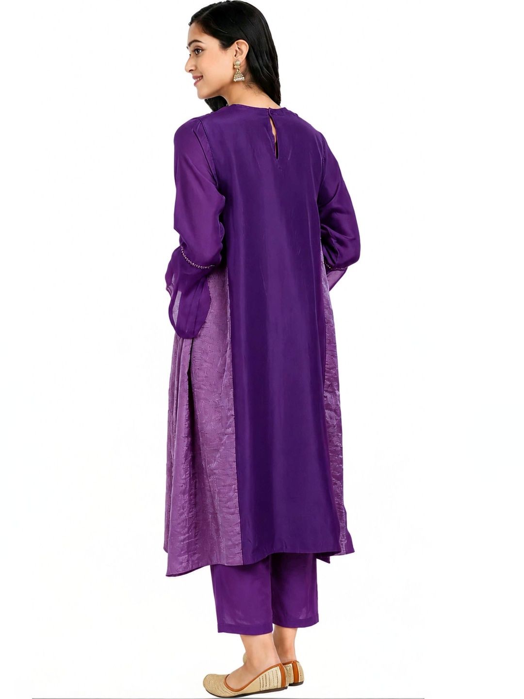 Red Pure Cupro silk Kurta accentuated with Kantha and Swaroski at the Neck Round