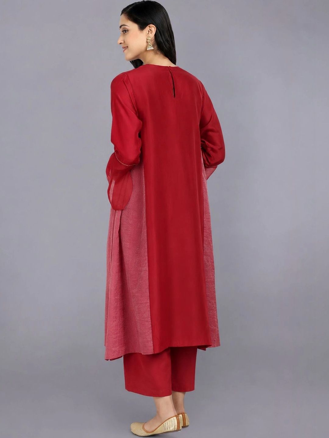 Red Pure Cupro silk Kurta accentuated with Kantha and Swaroski at the Neck Round