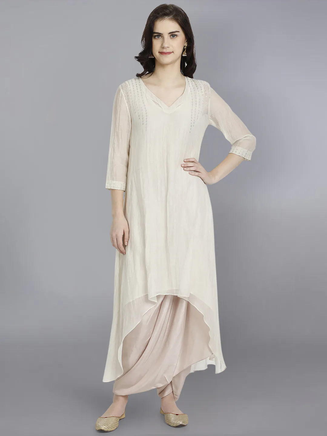 Mukesh Embroidery Ivory Chanderi Kurta And Dhoti