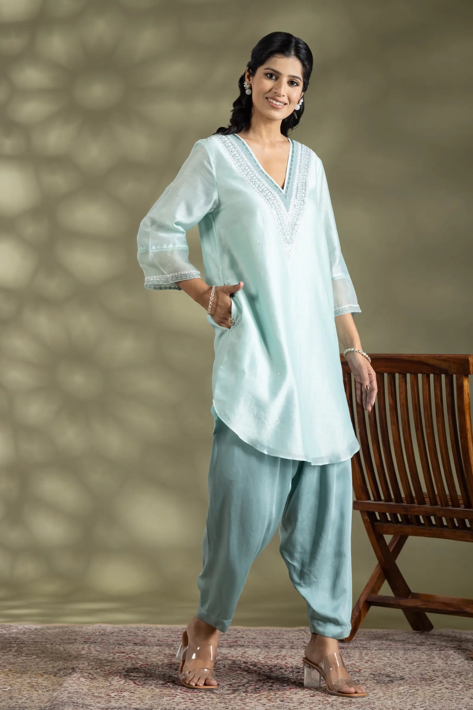 Ice Blue Silk Kurta With Emb
