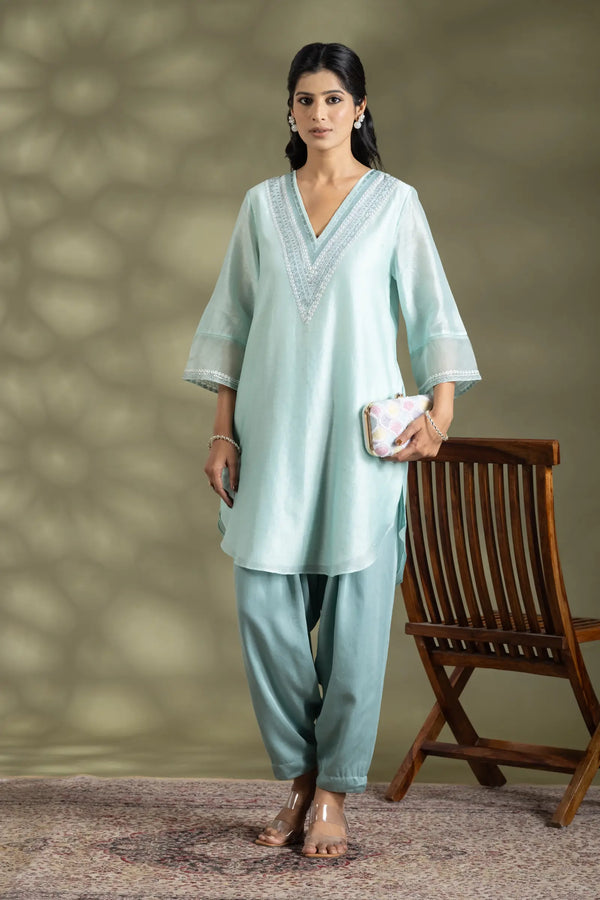Ice Blue Silk Kurta With Emb