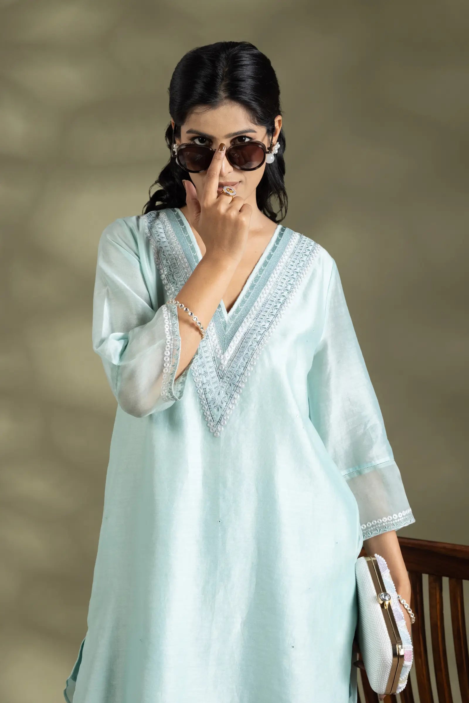 Ice Blue Silk Kurta With Emb