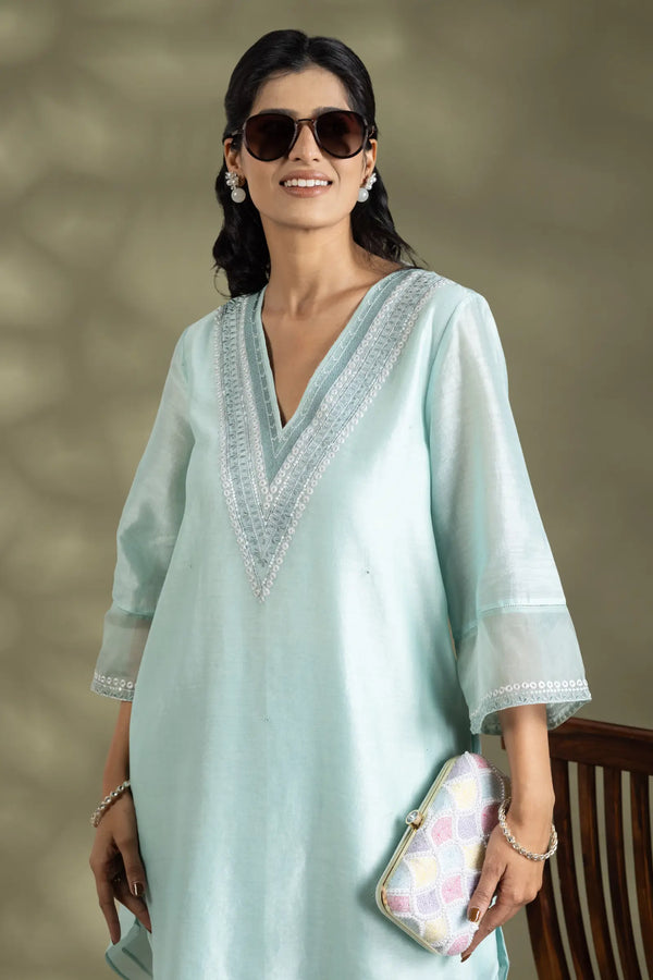 Ice Blue Silk Kurta With Emb