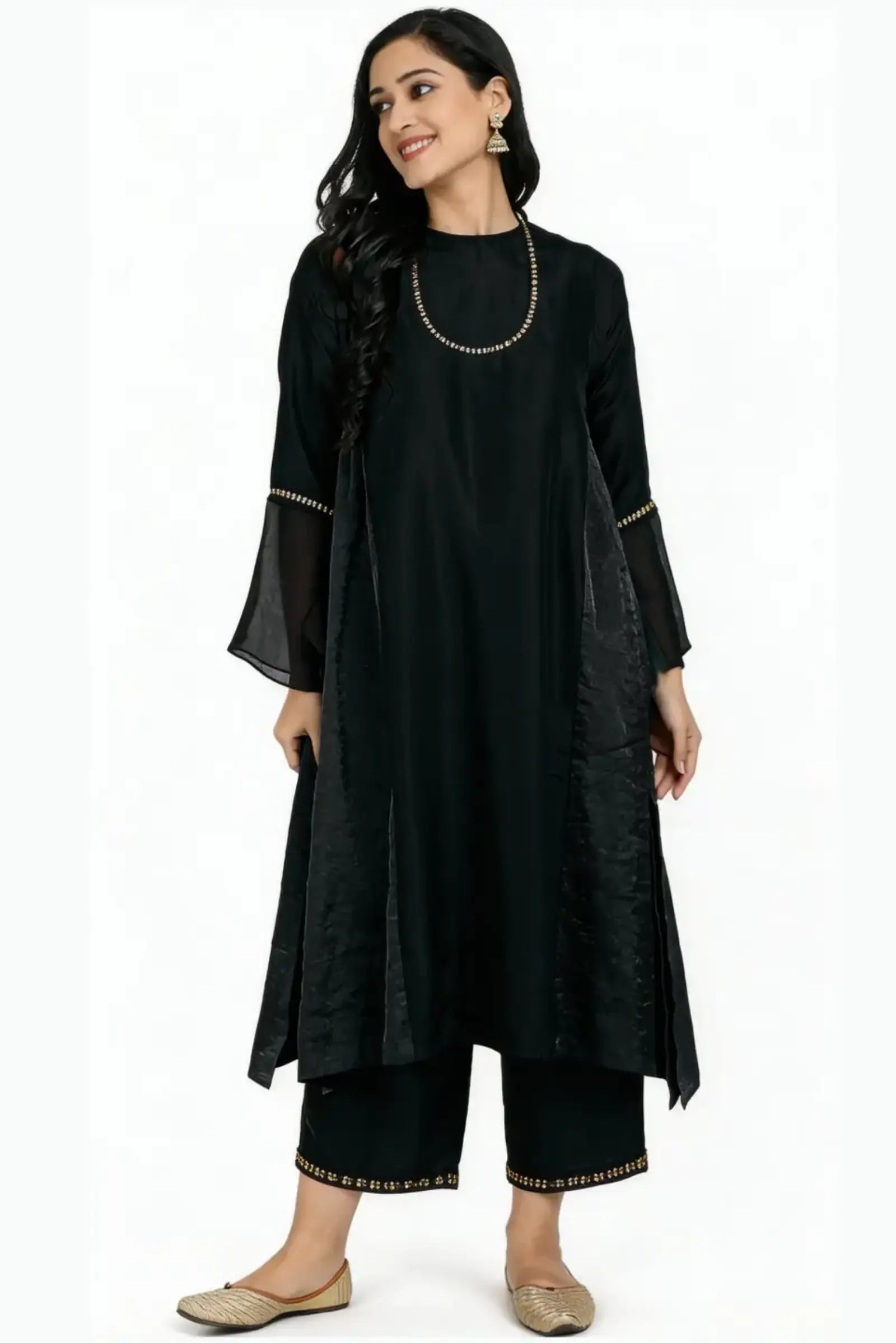 Red Pure Cupro silk Kurta accentuated with Kantha and Swaroski at the Neck Round