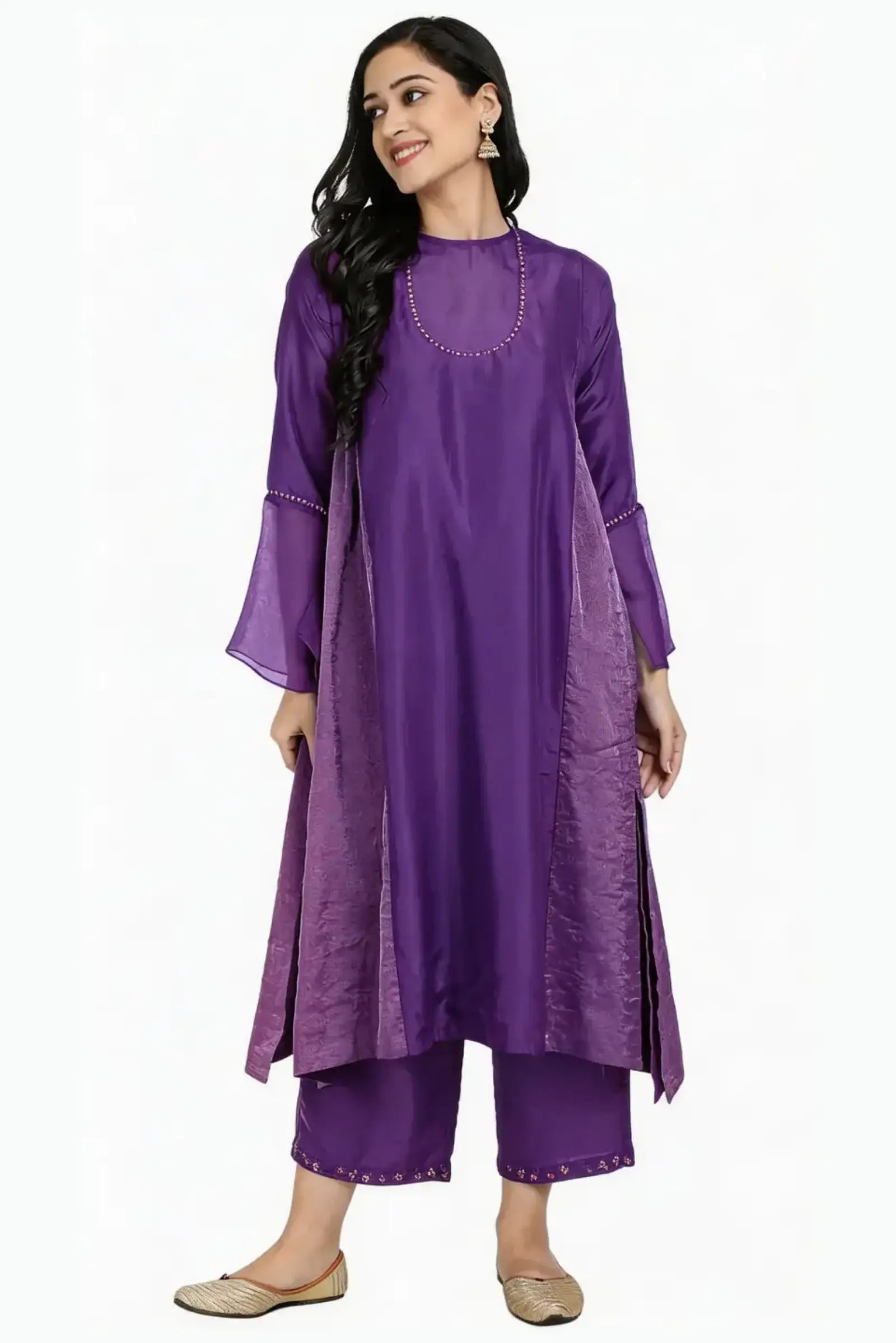 Red Pure Cupro silk Kurta accentuated with Kantha and Swaroski at the Neck Round