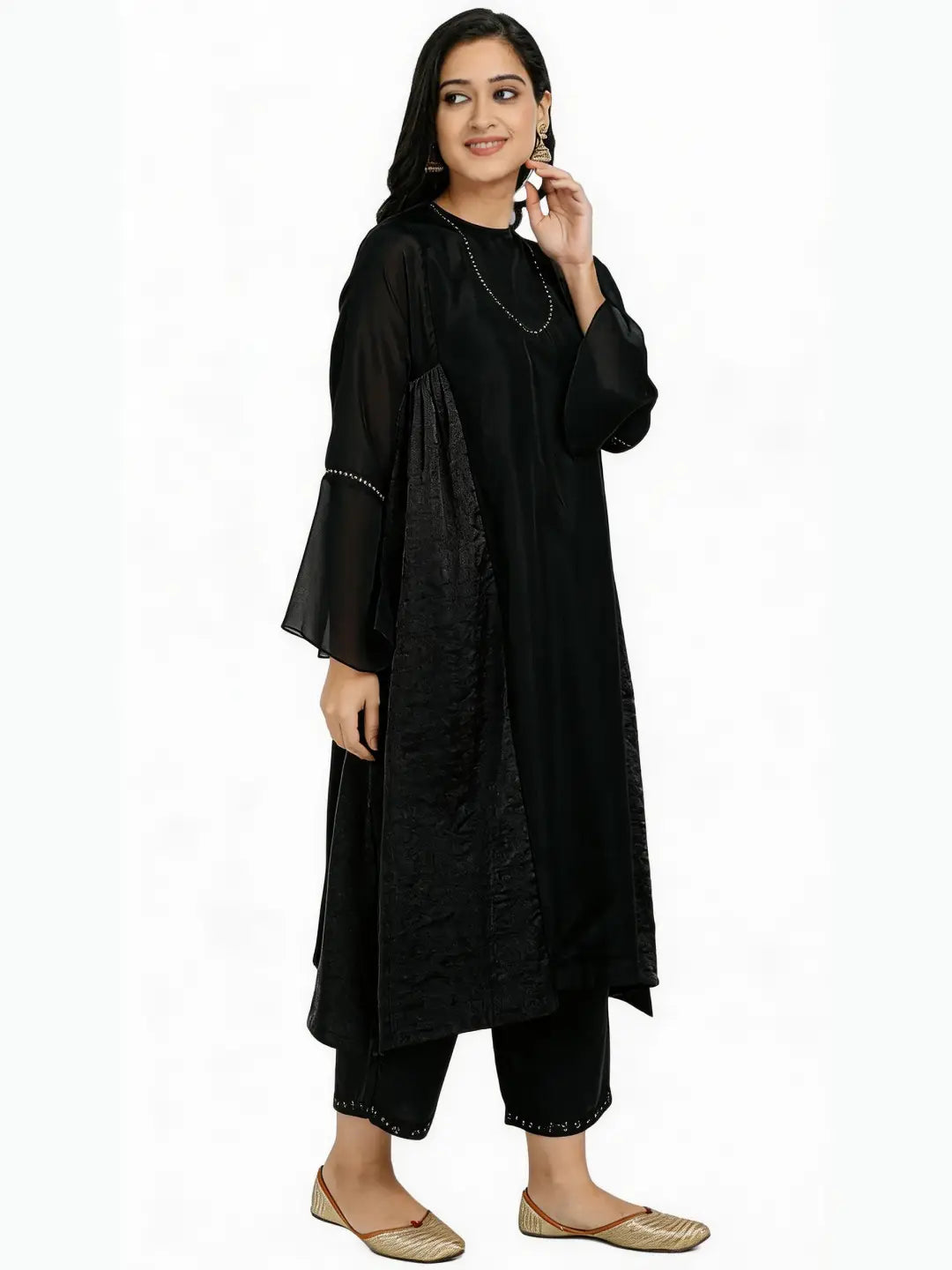 Red Pure Cupro silk Kurta accentuated with Kantha and Swaroski at the Neck Round