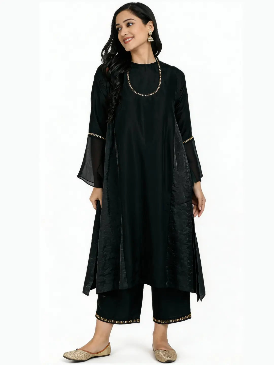 Red Pure Cupro silk Kurta accentuated with Kantha and Swaroski at the Neck Round