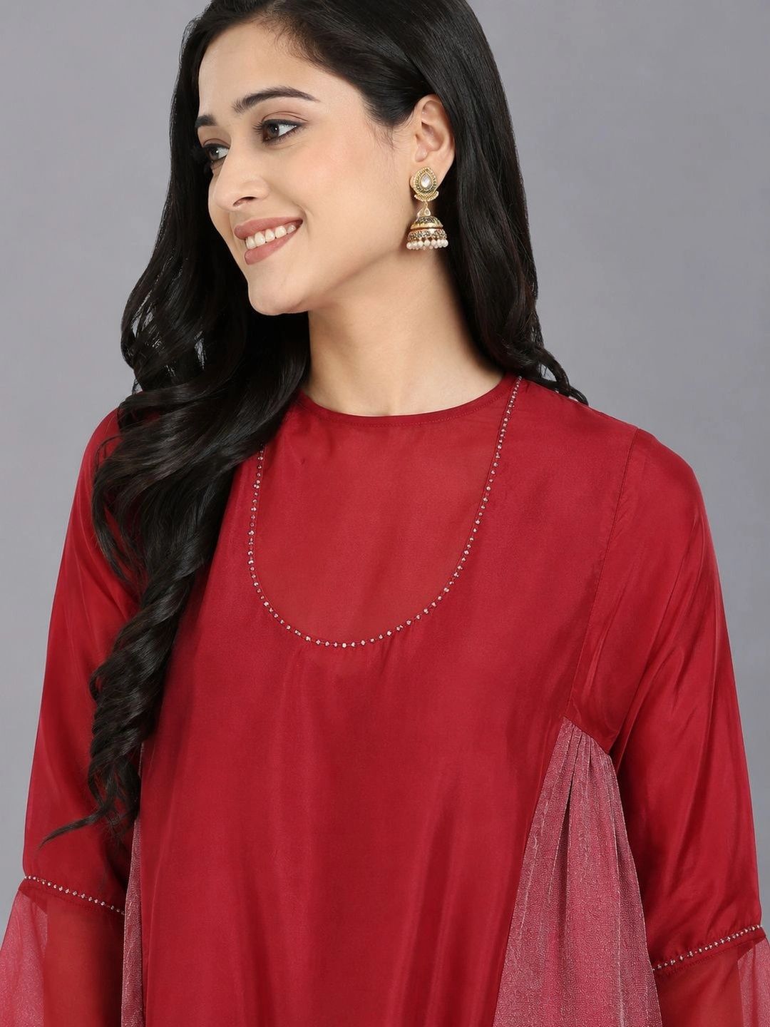 Red Pure Cupro silk Kurta accentuated with Kantha and Swaroski at the Neck Round